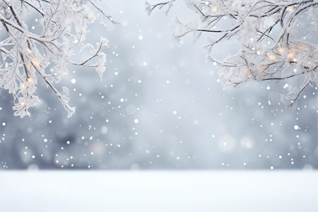 Winter season with snow caps covered branches of pine tree in Christmas festival, snowflake and bokeh glitter light background for mock up, Christmas eve new year background, with Generative Ai.の素材