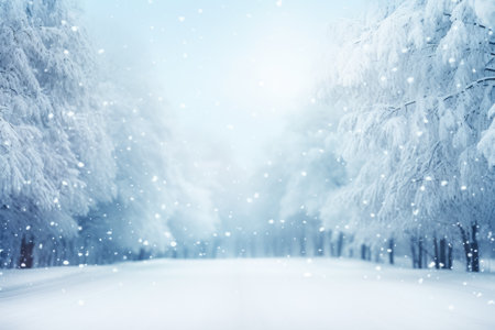 Winter season with snow caps covered branches of pine tree in Christmas festival, snowflake and bokeh glitter light background for mock up, Christmas eve new year background, with Generative Ai.の素材