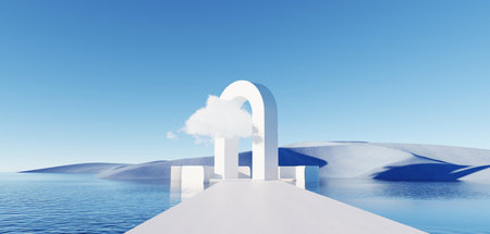 3d Render, Abstract Surreal pastel landscape background with arches and podium for showing product, panoramic view, Colorful dune scene with copy space, blue sky and cloudy, Minimalist decor designの写真素材