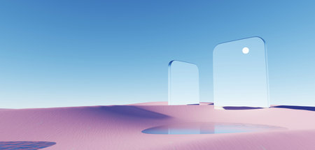 3d Render, Abstract Surreal pastel landscape background with arches and podium for showing product,...