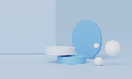 3d render, Minimal empty podium platform background for mock up, pedestal for product or cosmetic showing scene, pastel and warm colorful tone, abstract geometric studio.の写真素材