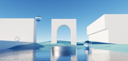 3d Render, Abstract Surreal pastel landscape background with arches and podium for showing product, panoramic view, Colorful dune scene with copy space, blue sky and cloudy, Minimalist decor designの写真素材