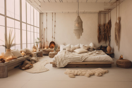 Bohemian style bedroom interior warm and cozy with wooden decoration, Beige tone stylish, furniture, comfortable bed, Modern design background with Generative Ai.の素材
