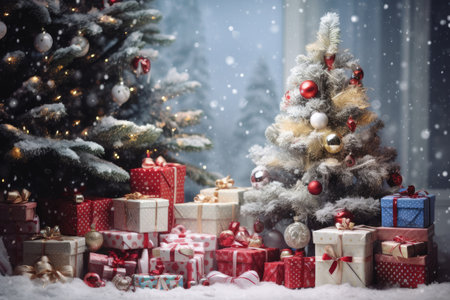Christmas festival background decorations with gifts boxes, pine tree, and ornaments ball on snowy day, New year Xmas celebration scene, with Generative Ai.の素材