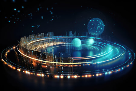 Abstract technology lines background with Smart and futuristic city concept, virtual reality world with blue and orange line neon light, with Generative Ai.の素材