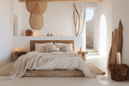 Bohemian style bedroom interior warm and cozy with wooden decoration, Beige tone stylish, furniture, comfortable bed, Modern design background with Generative Ai.の素材