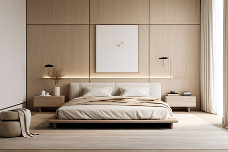 Modern style bedroom interior warm and cozy with wooden decoration, Cozy beige tone stylish, furniture, comfortable bed, Minimal decor design background, with Generative Ai.の素材