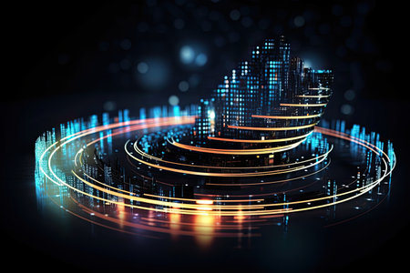 Abstract technology lines background with Smart and futuristic city concept, virtual reality world with blue and orange line neon light, with Generative Ai.の素材
