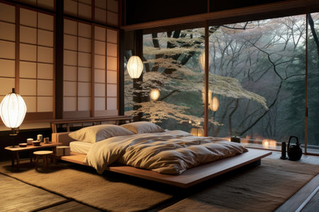 Japanese style bedroom interior warm and cozy with wooden decoration, Traditional style design, unique and culture, with Generative Ai.の素材