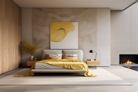 Modern style bedroom interior warm and cozy with wooden decoration, Cozy beige tone stylish, furniture, comfortable bed, Minimal decor design background, with Generative Ai.の素材