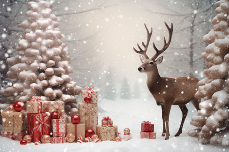 Christmas festival background decorations with gifts boxes, pine tree, and ornaments ball on snowy day, New year Xmas celebration scene, with Generative Ai.の素材
