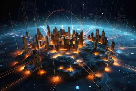 Abstract technology lines background with Smart and futuristic city concept, virtual reality world with blue and orange line neon light, with Generative Ai.の素材