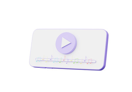 3D render, Minimal pastel smartphone with video or music play button and colorful musical notes isolated on white background, media connection, technology concept.の写真素材