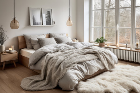 Modern style bedroom interior warm and cozy with wooden decoration, Cozy beige tone stylish, furniture, comfortable bed, Minimal decor design background, with Generative Ai.の素材