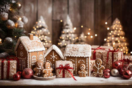 Gingerbread house and cookies for Christmas party celebration, Happy new year and Xmas scene, Dessert for party invitation, with Generative Ai.の素材