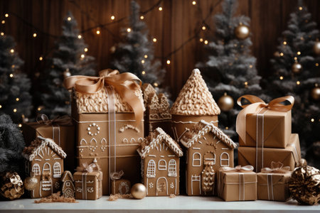 Gingerbread house and cookies for Christmas party celebration, Happy new year and Xmas scene, Dessert for party invitation, with Generative Ai.の素材