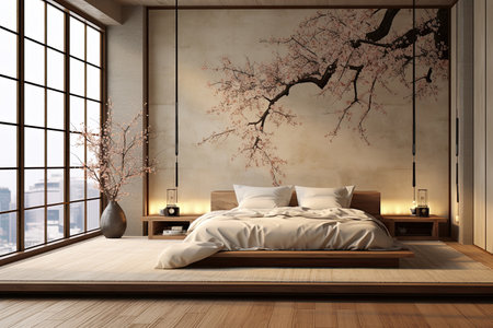 Japanese style bedroom interior warm and cozy with wooden decoration, Traditional style design, unique and culture, with Generative Ai.の素材