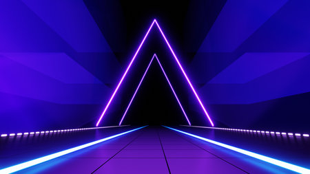 3d abstract technology glowing neon fast speed light background, empty space scene, reflection floor, virtual reality, cyber space futuristic sci-fi background, motion line high speed for mock up.の写真素材