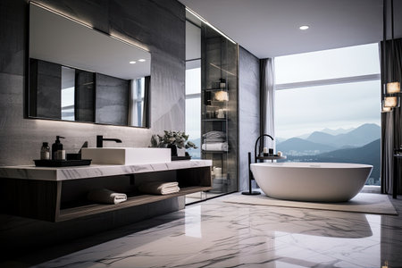 Modern style of marble bathroom interior decorate with bathtub, mirror and sink, minimal decor concept.の素材