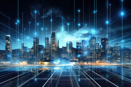 Futuristic city technology with speed light trails path through smart modern mega city, neon technology background, motion line speed light.の素材