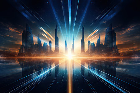 Futuristic city technology with speed light trails path through smart modern mega city, neon technology background, motion line speed light.の素材