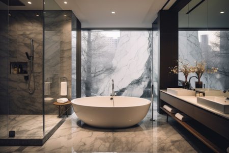 Modern style of marble bathroom interior decorate with bathtub, mirror and sink, minimal decor concept.の素材