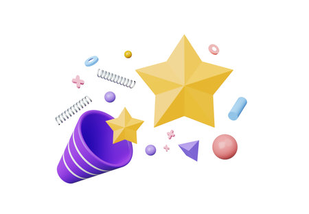 3D render, Party popper, confetti, stars, ribbons and geometric shapes in party festival or Surprise Birthday isolated on white background, new year celebration, minimal festive decoration design.の写真素材