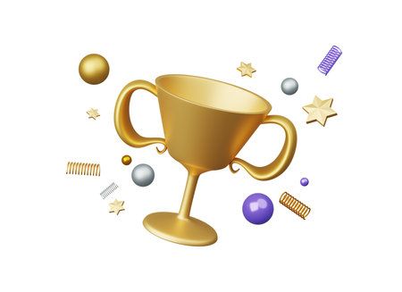 3d render, Golden Trophy champion cup isolated on white background, winner cup, business concept, winning prize for celebration in cartoon style, champion reward prize.の写真素材