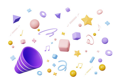 3D render, Party popper, confetti, stars, ribbons and geometric shapes in party festival or Surprise Birthday isolated on white background, new year celebration, minimal festive decoration design.の写真素材