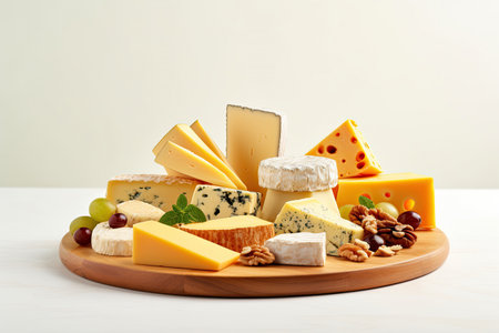 Various stack of delicious cheese on wooden table and blurry natural light in the kitchen background, copy space, food and diet concept.の素材