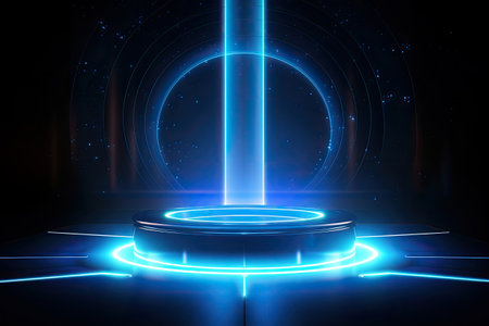 Abstract Fantasy portal glowing neon light futuristic hologram with laser lines. Futuristic sci-fi background, space universe spectrum light effect.の素材