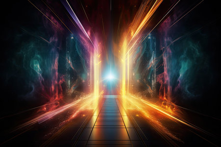 Abstract Fantasy portal glowing neon light futuristic hologram with laser lines. Futuristic sci-fi background, space universe spectrum light effect.の素材