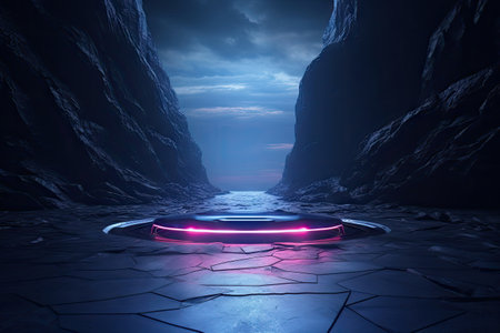 Abstract portal stone gate with neon circle glowing light in the dark space landscape of cosmic, rocky mountain stone field, spectrum light effectの素材
