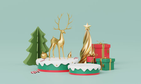 Christmas backgrounds with podium stage platform in minimal New year event theme. Merry Christmas scene for product display mock up banner. Empty stand pedestal decor in Xmas winter scene. 3D render.の写真素材