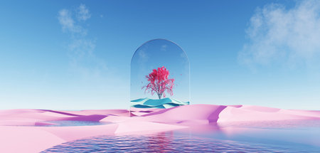 3d render Surreal dune landscape background with alone tree, abstract fantastic desert dune in seasoning landscape environment, panoramic, futuristic scene with copy space, blue sky and cloudyの写真素材