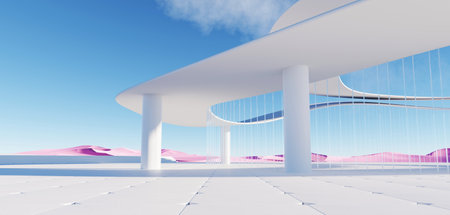 3d Render, Abstract Surreal pastel landscape background with Architecture modern building and geometric arches, Colorful dune scene with copy space, blue sky and cloudy, Minimalist decor designの写真素材