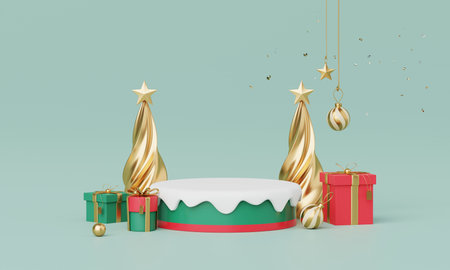 Christmas backgrounds with podium stage platform in minimal New year event theme. Merry Christmas scene for product display mock up banner. Empty stand pedestal decor in Xmas winter scene. 3D render.の写真素材