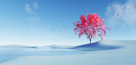 3d render Surreal dune landscape background with alone tree, abstract fantastic desert dune in seasoning landscape environment, panoramic, futuristic scene with copy space, blue sky and cloudyの写真素材