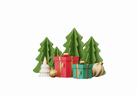 3D render Christmas ornament elements decoration isolated on white background, Xmas icons including of gift box, Christmas ball, gold confetti, candy cane and golden star, design for greeting card.の写真素材