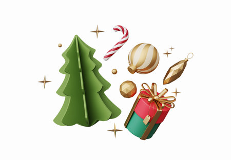3D render Christmas ornament elements decoration isolated on white background, Xmas icons including of gift box, Christmas ball, gold confetti, candy cane and golden star, design for greeting card.の写真素材
