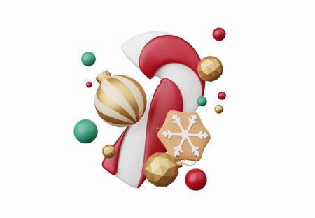 3D render Christmas ornament elements decoration isolated on white background, Xmas icons including of gift box, Christmas ball, gold confetti, candy cane and golden star, design for greeting card.の写真素材