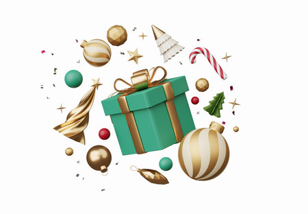 3D render Christmas ornament elements decoration isolated on white background, Xmas icons including of gift box, Christmas ball, gold confetti, candy cane and golden star, design for greeting card.の写真素材