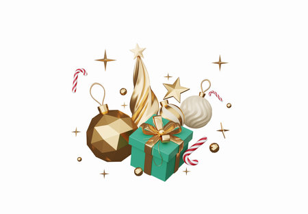 3D render Christmas ornament elements decoration isolated on white background, Xmas icons including of gift box, Christmas ball, gold confetti, candy cane and golden star, design for greeting card.の写真素材