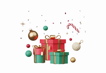 3D render Christmas ornament elements decoration isolated on white background, Xmas icons including of gift box, Christmas ball, gold confetti, candy cane and golden star, design for greeting card.の写真素材