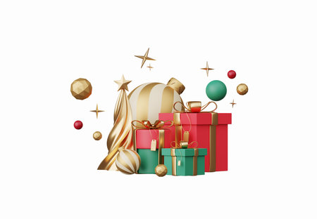 3D render Christmas ornament elements decoration isolated on white background, Xmas icons including of gift box, Christmas ball, gold confetti, candy cane and golden star, design for greeting card.の写真素材