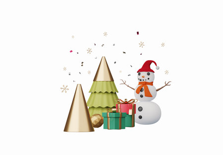 3D render Christmas ornament elements decoration isolated on white background, Xmas icons including of gift box, Christmas ball, gold confetti, candy cane and golden star, design for greeting card.の写真素材