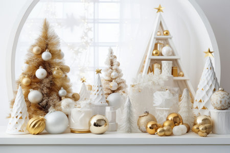 Luxury Christmas background with gift box, ornament decorations and white golden warm tone, happy new year celebration, festive design scene.の素材