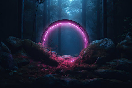 Abstract portal stone gate with neon circle glowing light in the dark wood forest space landscape of cosmic, rocky mountain stone field, spectrum light effect.の素材