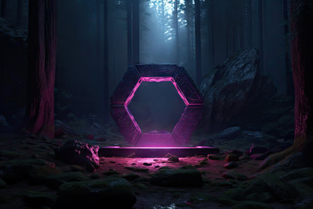 Abstract portal stone gate with neon circle glowing light in the dark wood forest space landscape of cosmic, rocky mountain stone field, spectrum light effect.の素材