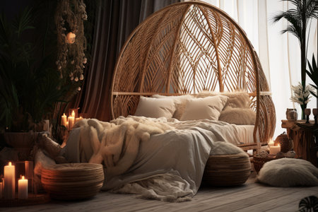 Bedroom interior decoration with rattan bohemian-style, warm tone, natural wooden in minimal design concept.の素材